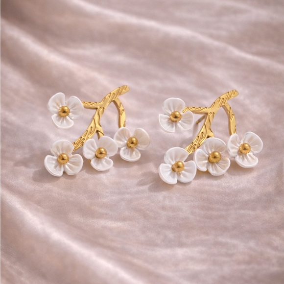 Delicate Cherry Blossom Gold Statement Earrings - Picture 16 of 17
